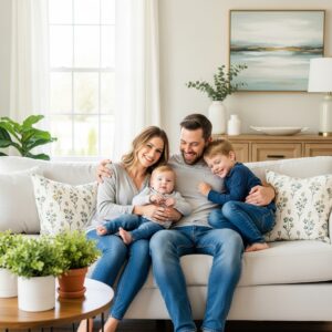 Happy family on sitting on sofa