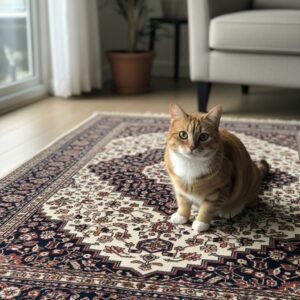 cat on oriental rug on living room