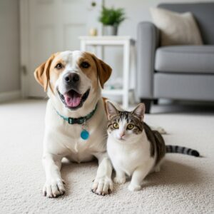 happy dog and cat on carpet